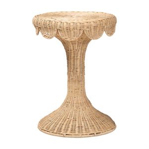 Baxton Studio Bali Natala Rattan End Table — Handwoven Tulip Pedestal Side Table With Scalloped Edge Accent 17.20" W x 17.20" D x 23.60" H DC1106 Nat-Light Honey Rattan-End Table