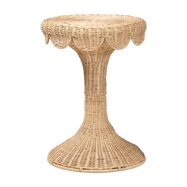 Baxton Studio Bali Natala Rattan End Table — Handwoven Tulip Pedestal Side Table With Scalloped Edge Accent 17.20" W x 17.20" D x 23.60" H DC1106 Nat-Light Honey Rattan-End Table