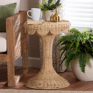 Baxton Studio Bali Natala Rattan End Table — Handwoven Tulip Pedestal Side Table With Scalloped Edge Accent 17.20" W x 17.20" D x 23.60" H DC1106 Nat-Light Honey Rattan-End Table