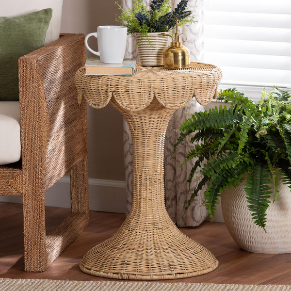 Baxton Studio Bali Natala Rattan End Table — Handwoven Tulip Pedestal Side Table With Scalloped Edge Accent 17.20" W x 17.20" D x 23.60" H DC1106 Nat-Light Honey Rattan-End Table