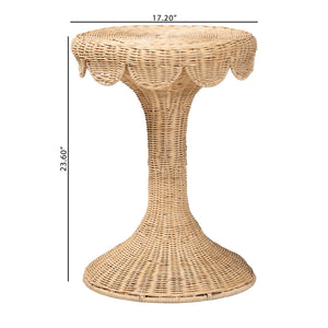 Baxton Studio Bali Natala Rattan End Table — Handwoven Tulip Pedestal Side Table With Scalloped Edge Accent 17.20" W x 17.20" D x 23.60" H DC1106 Nat-Light Honey Rattan-End Table