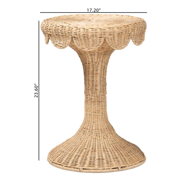 Baxton Studio Bali Natala Rattan End Table — Handwoven Tulip Pedestal Side Table With Scalloped Edge Accent 17.20" W x 17.20" D x 23.60" H DC1106 Nat-Light Honey Rattan-End Table