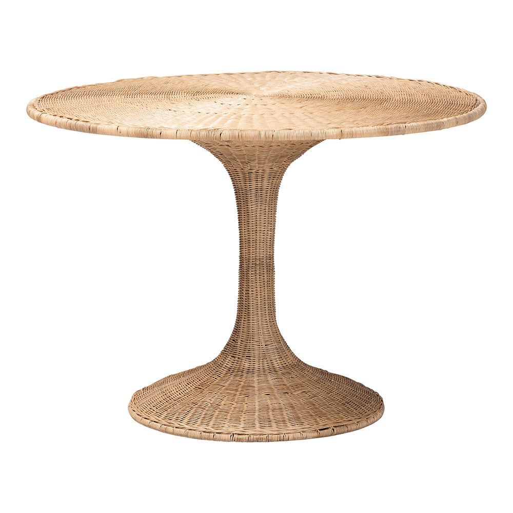 Baxton Studio Bali Natala Rattan End Table — Handwoven Tulip Pedestal Side Table With Scalloped Edge Accent 41.30" W x 41.30" D x 29.50" H DC1105 Nat-Light Honey Rattan-Dining Table