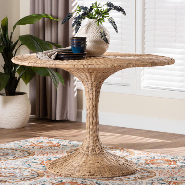 Baxton Studio Bali Natala Rattan End Table — Handwoven Tulip Pedestal Side Table With Scalloped Edge Accent 41.30" W x 41.30" D x 29.50" H DC1105 Nat-Light Honey Rattan-Dining Table