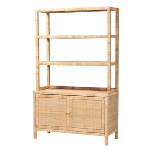 Baxton Studio Bali Mortis Handwoven Rattan 4-Tier Open Shelf Cabinet With Double-Door Base — Coastal Boho Storage Marcelo-Natural-Cabinet-KD-Box