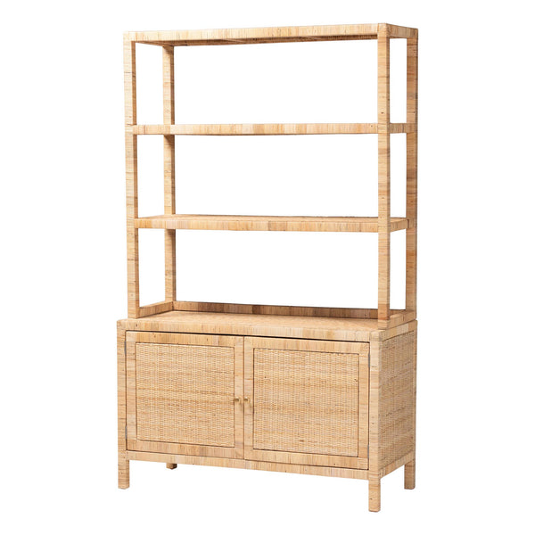 Baxton Studio Bali Mortis Handwoven Rattan 4-Tier Open Shelf Cabinet With Double-Door Base — Coastal Boho Storage Marcelo-Natural-Cabinet-KD-Box