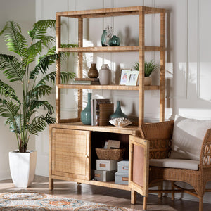 Baxton Studio Bali Mortis Handwoven Rattan 4-Tier Open Shelf Cabinet With Double-Door Base — Coastal Boho Storage Marcelo-Natural-Cabinet-KD-Box