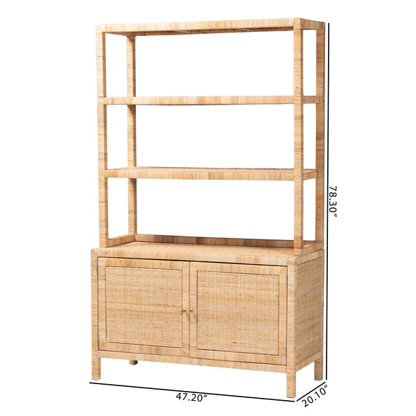 Baxton Studio Bali Mortis Handwoven Rattan 4-Tier Open Shelf Cabinet With Double-Door Base — Coastal Boho Storage Marcelo-Natural-Cabinet-KD-Box