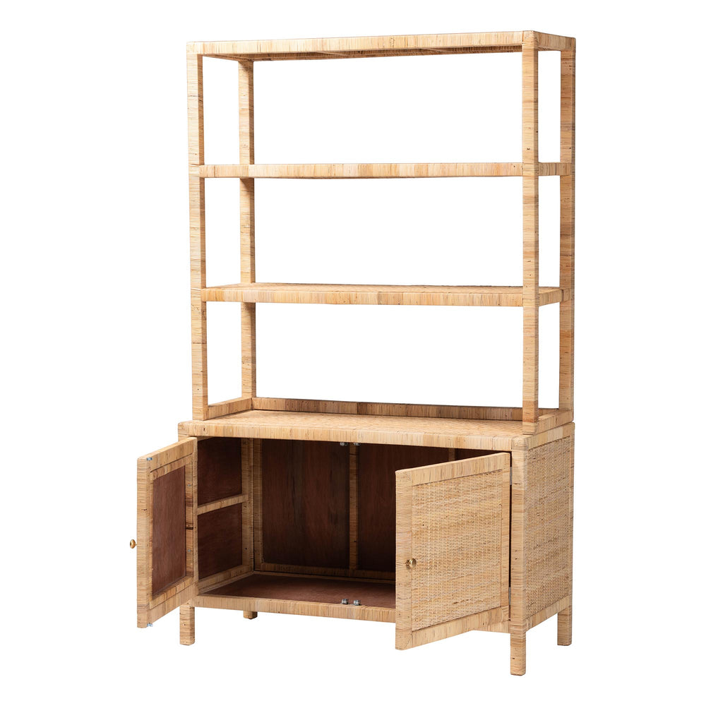 Baxton Studio Bali Mortis Handwoven Rattan 4-Tier Open Shelf Cabinet With Double-Door Base — Coastal Boho Storage Marcelo-Natural-Cabinet-KD-Box