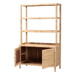 Baxton Studio Bali Mortis Handwoven Rattan 4-Tier Open Shelf Cabinet With Double-Door Base — Coastal Boho Storage Marcelo-Natural-Cabinet-KD-Box