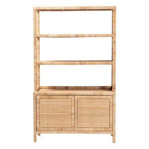 Baxton Studio Bali Mortis Handwoven Rattan 4-Tier Open Shelf Cabinet With Double-Door Base — Coastal Boho Storage Marcelo-Natural-Cabinet-KD-Box