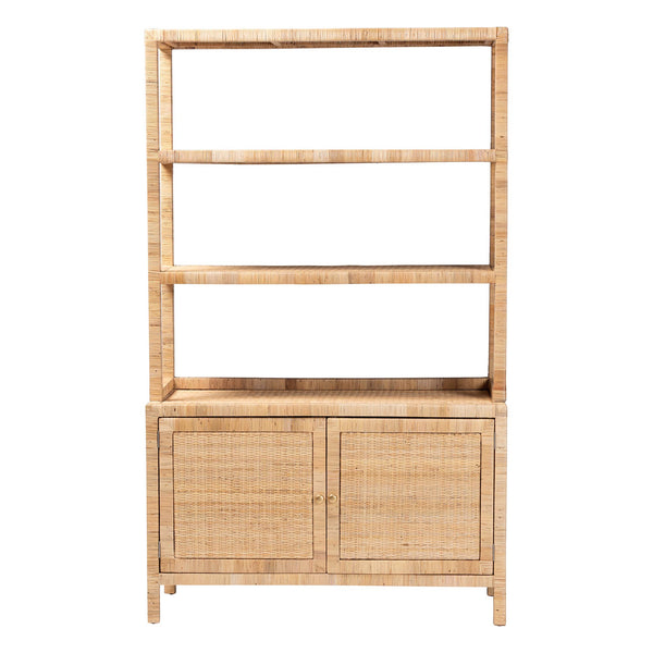 Baxton Studio Bali Mortis Handwoven Rattan 4-Tier Open Shelf Cabinet With Double-Door Base — Coastal Boho Storage Marcelo-Natural-Cabinet-KD-Box