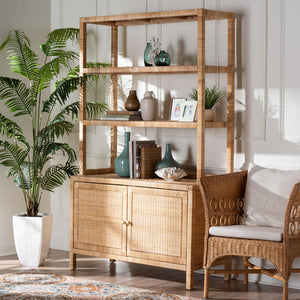 Baxton Studio Bali Mortis Handwoven Rattan 4-Tier Open Shelf Cabinet With Double-Door Base — Coastal Boho Storage Marcelo-Natural-Cabinet-KD-Box