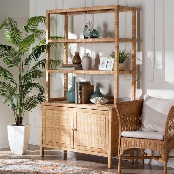 Baxton Studio Bali Mortis Handwoven Rattan 4-Tier Open Shelf Cabinet With Double-Door Base — Coastal Boho Storage Marcelo-Natural-Cabinet-KD-Box