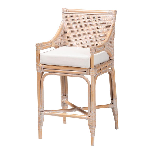 Baxton Studio Bali Allen Natural Rattan Counter Stool — Handwoven Lattice Back, Removable Cushion, Coastal Boho Flair Allen-White Washed Rattan-Cushion-CS