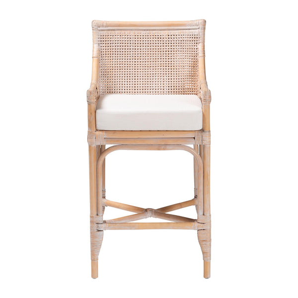 Baxton Studio Bali Allen Natural Rattan Counter Stool — Handwoven Lattice Back, Removable Cushion, Coastal Boho Flair Allen-White Washed Rattan-Cushion-CS