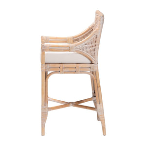 Baxton Studio Bali Allen Natural Rattan Counter Stool — Handwoven Lattice Back, Removable Cushion, Coastal Boho Flair Allen-White Washed Rattan-Cushion-CS