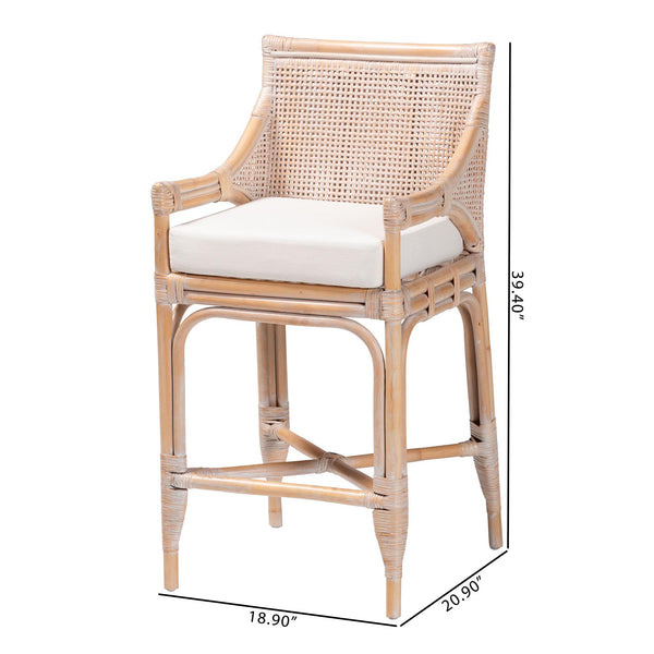 Baxton Studio Bali Allen Natural Rattan Counter Stool — Handwoven Lattice Back, Removable Cushion, Coastal Boho Flair Allen-White Washed Rattan-Cushion-CS