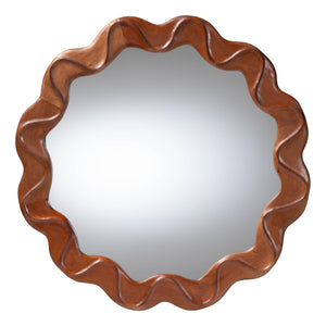 Baxton Studio Bali Bahati Round Wall Mirror — Handcrafted Mahogany Scalloped Frame, Large Reflective Surface, Ready-To-Hang Decor (35.8") Bahati-Light Brown Wooden-Mirror-Boxed