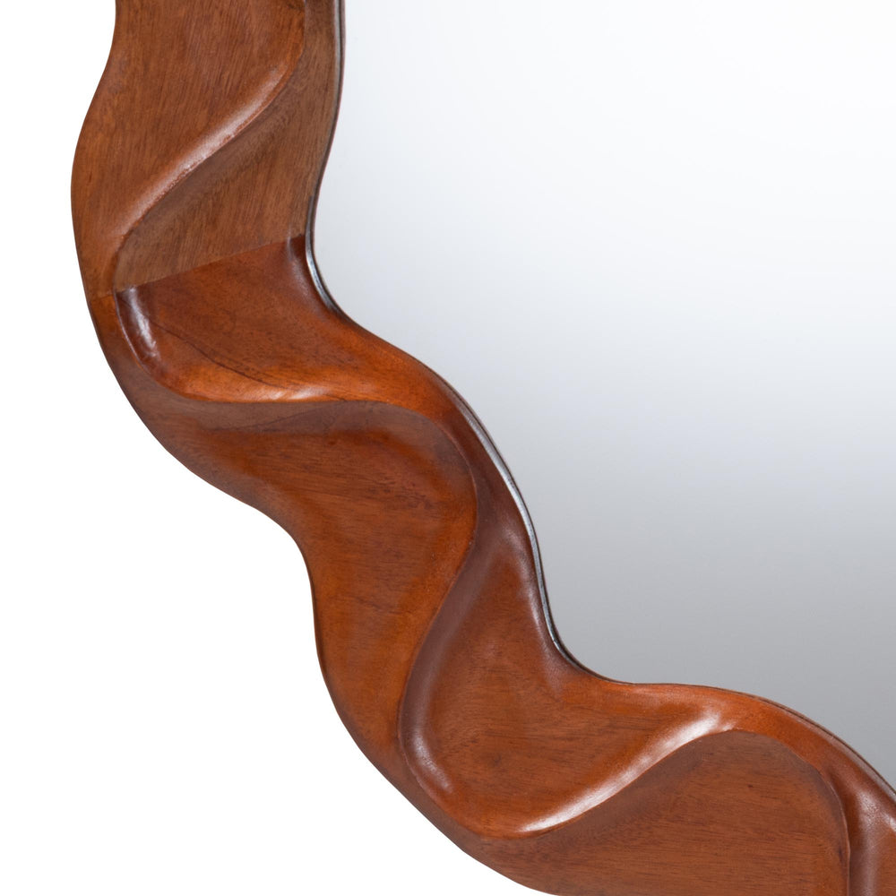 Baxton Studio Bali Bahati Round Wall Mirror — Handcrafted Mahogany Scalloped Frame, Large Reflective Surface, Ready-To-Hang Decor (35.8") Bahati-Light Brown Wooden-Mirror-Boxed