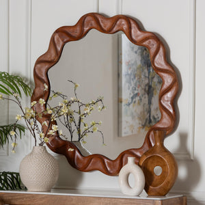 Baxton Studio Bali Bahati Round Wall Mirror — Handcrafted Mahogany Scalloped Frame, Large Reflective Surface, Ready-To-Hang Decor (35.8") Bahati-Light Brown Wooden-Mirror-Boxed
