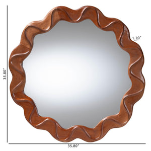 Baxton Studio Bali Bahati Round Wall Mirror — Handcrafted Mahogany Scalloped Frame, Large Reflective Surface, Ready-To-Hang Decor (35.8") Bahati-Light Brown Wooden-Mirror-Boxed