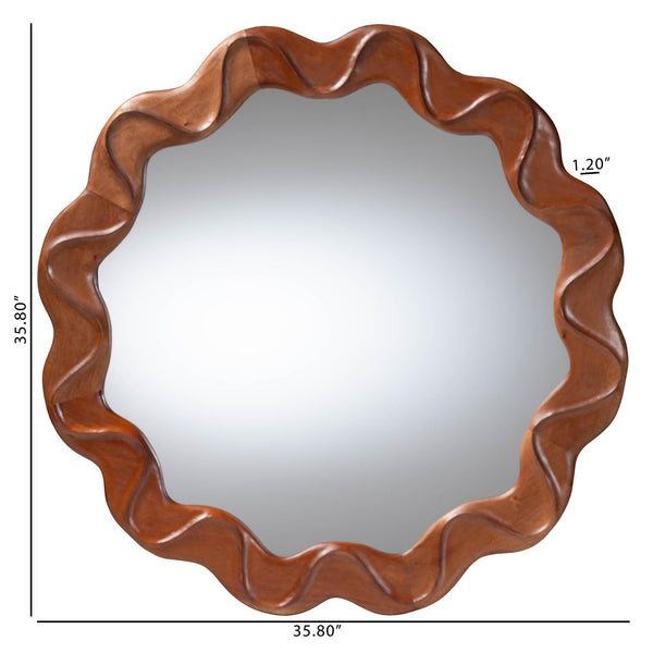 Baxton Studio Bali Bahati Round Wall Mirror — Handcrafted Mahogany Scalloped Frame, Large Reflective Surface, Ready-To-Hang Decor (35.8") Bahati-Light Brown Wooden-Mirror-Boxed