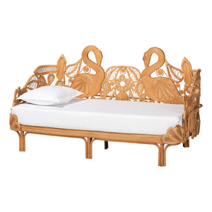 Baxton Studio Bali & Pari Aves Handwoven Rattan Daybed Flamingo Frame Boho Tropical Lounge Bed Aves-Light Honey Rattan No Mattress-Daybed