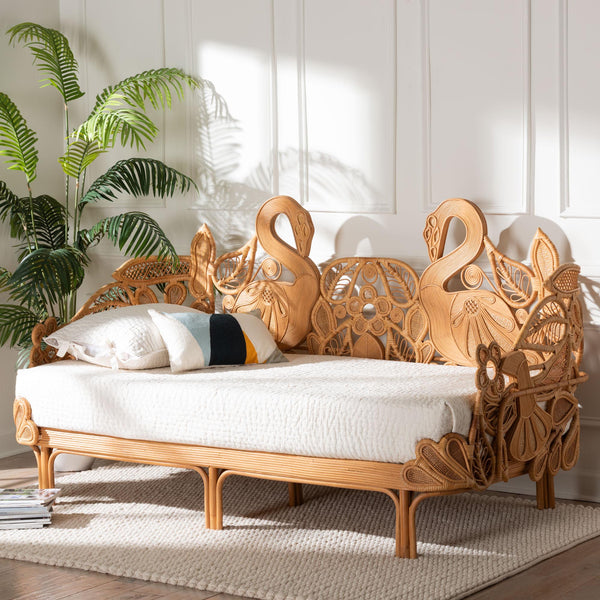 Baxton Studio Bali & Pari Aves Handwoven Rattan Daybed Flamingo Frame Boho Tropical Lounge Bed Aves-Light Honey Rattan No Mattress-Daybed