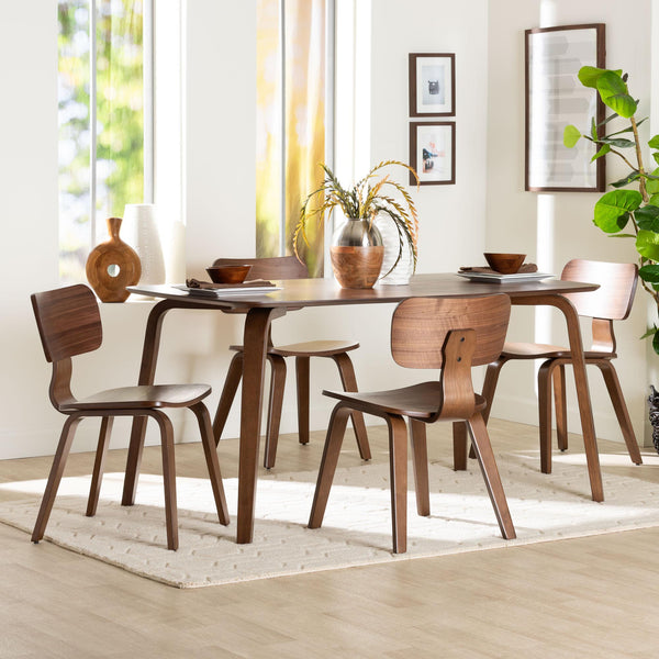 Baxton Studio Baxton Billie 5-Piece Wood Dining Set — Mid-Century Bentwood Chairs & Rectangular Walnut Table, Durable Finish Billie-Walnut-5PC Dining Set