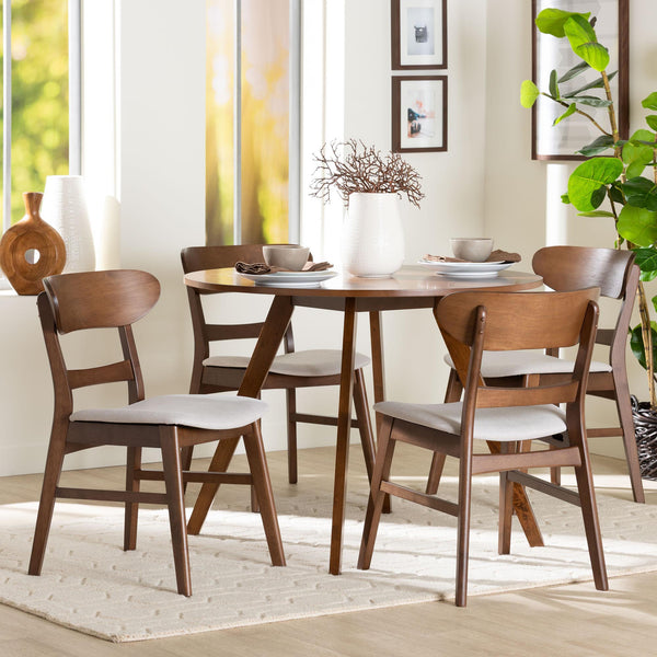 Baxton Studio Baxton Fremont 5-Piece Mid-Century Dining Set With Cushioned Contoured Chairs And Tapered Legs 39.40" W x 39.40" D x 29.50" H Everwood/Hexa-Taupe/Walnut-5PC Dining Set