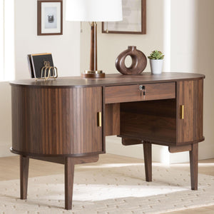 Baxton Studio Baxton Hayes Mid-Century Oval Writing Desk With Locking Drawer, Tambour Doors, Walnut Veneer, Compact Craftsmanship SE SD80450WI-Columbia-Desk