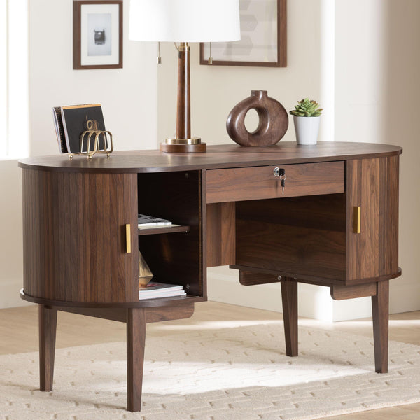 Baxton Studio Baxton Hayes Mid-Century Oval Writing Desk With Locking Drawer, Tambour Doors, Walnut Veneer, Compact Craftsmanship SE SD80450WI-Columbia-Desk