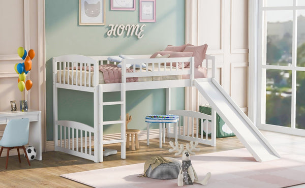 English Elm Twin Loft Bed with Built in Slide Ladder Pine Wood Frame Kids Bedroom White N708P242135K
