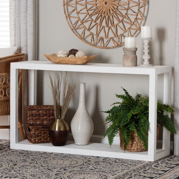 Baxton Studio Bali Oaklynn Natural Grasscloth Console Table — Two-Tier Coastal Minimalist Entryway Table With Open Frame 53.50" W x 15.00" D x 30.30" H FBS201-S347 White-Console Table
