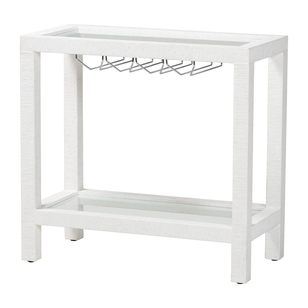 Baxton Studio Bali Oaklynn Handwoven Grasscloth Wine Rack Console With Glass Top & Stemware Holder, Coastal Chic Table FBS202A-S347 White/6mmRegGlass-Wine Rack