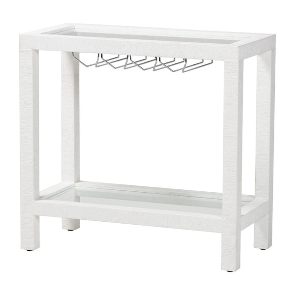 Baxton Studio Bali Oaklynn Handwoven Grasscloth Wine Rack Console With Glass Top & Stemware Holder, Coastal Chic Table FBS202A-S347 White/6mmRegGlass-Wine Rack