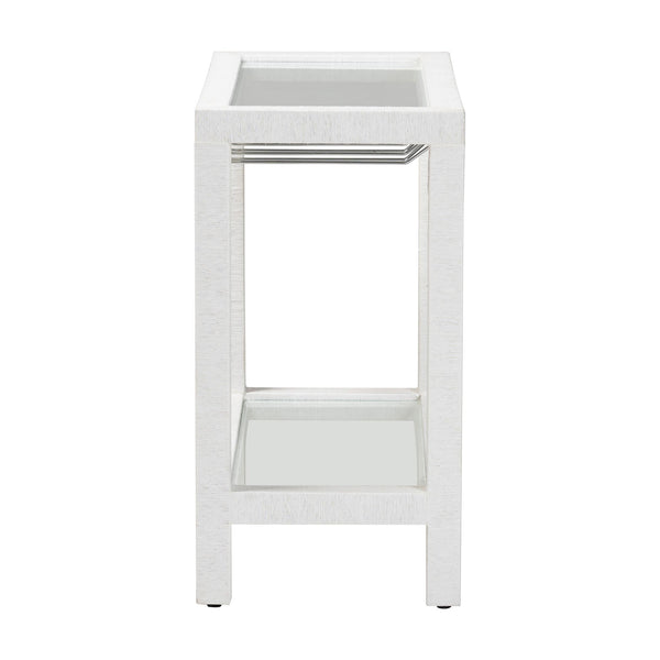 Baxton Studio Bali Oaklynn Handwoven Grasscloth Wine Rack Console With Glass Top & Stemware Holder, Coastal Chic Table FBS202A-S347 White/6mmRegGlass-Wine Rack