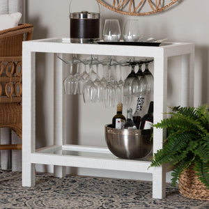 Baxton Studio Bali Oaklynn Handwoven Grasscloth Wine Rack Console With Glass Top & Stemware Holder, Coastal Chic Table FBS202A-S347 White/6mmRegGlass-Wine Rack