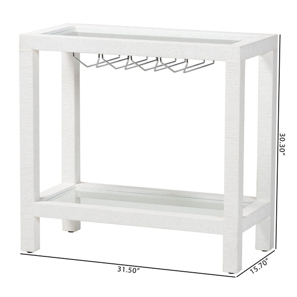 Baxton Studio Bali Oaklynn Handwoven Grasscloth Wine Rack Console With Glass Top & Stemware Holder, Coastal Chic Table FBS202A-S347 White/6mmRegGlass-Wine Rack