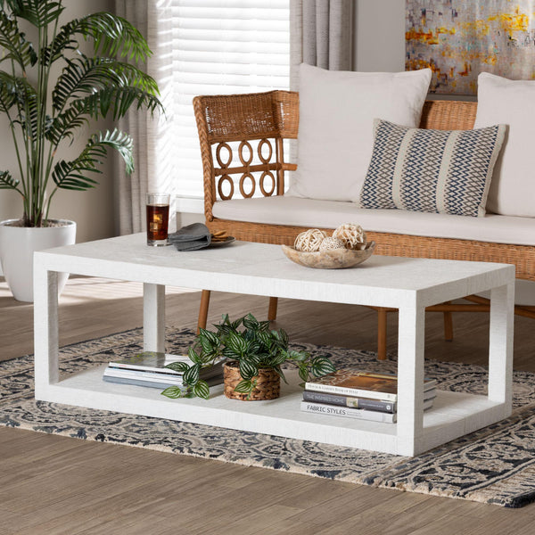 Baxton Studio Bali Oaklynn Natural Grasscloth Console Table — Two-Tier Coastal Minimalist Entryway Table With Open Frame 49.60" W x 23.60" D x 17.70" H FBS203-S347 White-Coffee Table