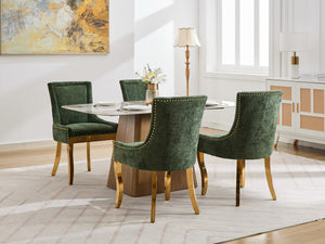 English Elm Chenille Plush Dining Chair with Curved Gold-Plated Legs, Rivet Trim, Textured Upholstery Comfort Olive Green W1143P332688