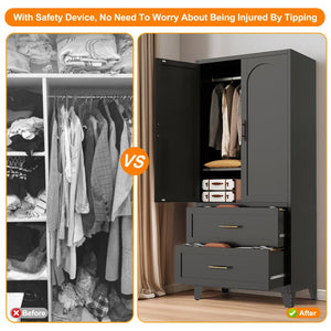 English Elm 71" Steel Wardrobe with Hanging Rod Two Drawers and Shelf for Compact Bedroom W3387P411306