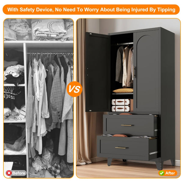 English Elm 71" Steel Wardrobe with Hanging Rod Two Drawers and Shelf for Compact Bedroom W3387P411306