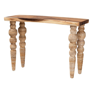 Baxton Studio Bali Nasnan Teak Console Table With Handwoven Seagrass & Turned Bobbin Legs — Narrow Sculptural Accent J3157-1PCDT-Natural Wood-Console Table-KD-Box