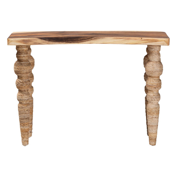 Baxton Studio Bali Nasnan Teak Console Table With Handwoven Seagrass & Turned Bobbin Legs — Narrow Sculptural Accent J3157-1PCDT-Natural Wood-Console Table-KD-Box