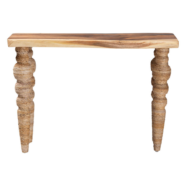 Baxton Studio Bali Nasnan Teak Console Table With Handwoven Seagrass & Turned Bobbin Legs — Narrow Sculptural Accent J3157-1PCDT-Natural Wood-Console Table-KD-Box