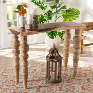 Baxton Studio Bali Nasnan Teak Console Table With Handwoven Seagrass & Turned Bobbin Legs — Narrow Sculptural Accent J3157-1PCDT-Natural Wood-Console Table-KD-Box