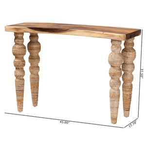 Baxton Studio Bali Nasnan Teak Console Table With Handwoven Seagrass & Turned Bobbin Legs — Narrow Sculptural Accent J3157-1PCDT-Natural Wood-Console Table-KD-Box