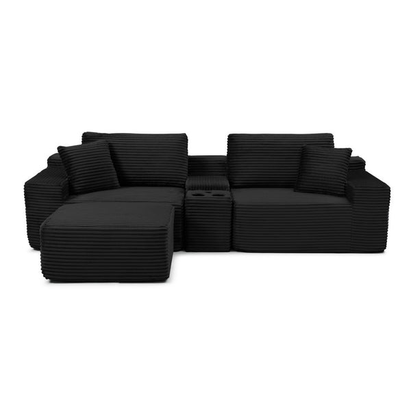 English Elm Modular Cloud Sectional Sofa with Corduroy Deep Seating Usb Ports and Storage Ottoman Black W1117S00360